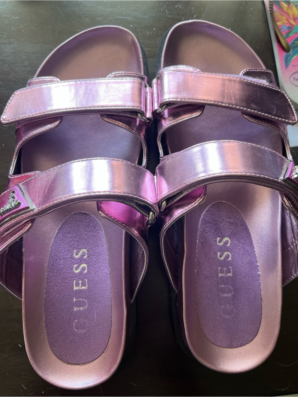 GUESS Metallic Purple Double-Strap Slide Sandals
